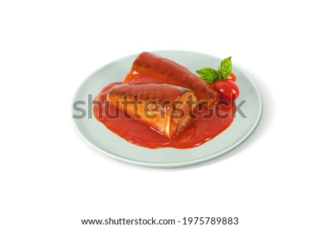  Mackerel fish in tomato sauce on plate isolated on white background.Mackerel canned.