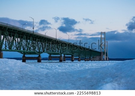 Mackinac Bridge, on the frozen Lake Huron near Mackinac Island.