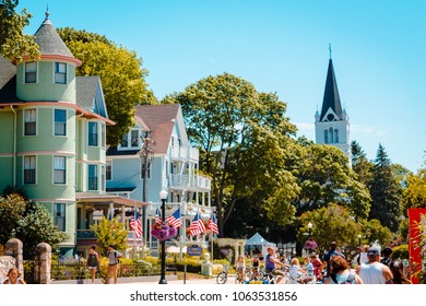 Mackinac Island, Michigan / USA - July 9 2016: view from town of St. Anne's Church