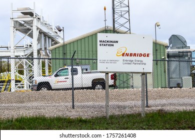 Mackinaw City, Michigan, USA - May 30, 2020: Exterior of Enbridge Inc. oil pump station at the Straits of Mackinaw. The company transports  nearly two thirds of Canada's crude oil exports to the US. 