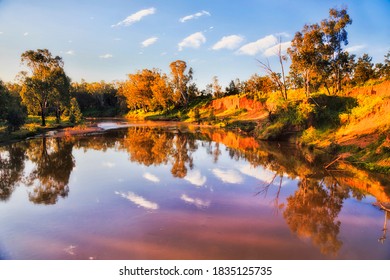 Macquarie River In Dubbo City Of Australia NSW Western Plains At Sunset In Warm Sun Light.