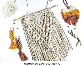 Macrame Wall Hanging , Key Chain, Macrame Leafy Textile Produced Using Macrame Techniques, Handmade Macrame For Home Decoration, Top View