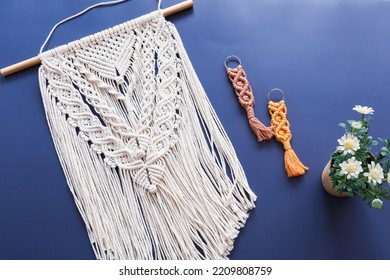 Macrame Wall Hanging On Blue Background