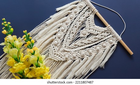 Macrame Wall Hanging On Blue Background