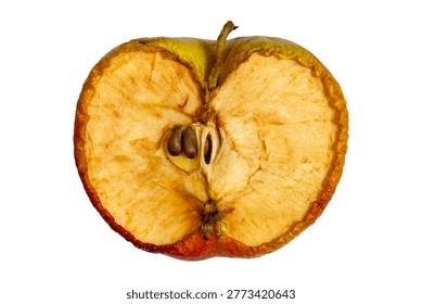 Macro apple slice, aged oxidation, seed cavity, dehydrated fruit texture