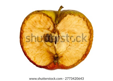 Macro apple slice, aged oxidation, seed cavity, dehydrated fruit texture
