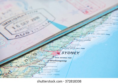 Macro of arrival stamp of Australia in passport