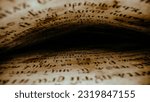 macro background of saved medieval book with ancient writings, mystical secrets of past, history mysteries. Religious literature, archival manuscripts, rare collection tomes, artifacts