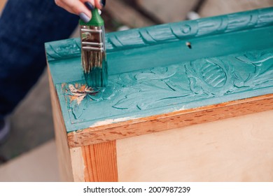 Macro Brush With Blue Or Green Paint Updates Old Wooden Furniture For Reuse And Environmental Care. 