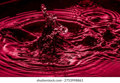 Macro capture of a dramatic water splash forming a rising droplet column with circular ripples across a vivid red liquid surface, highlighting dynamic motion and glossy reflections