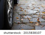 Macro car wheel on stone path near house with wet fallen autumn leaves. 