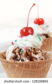 Macro chocolate sundae with cherry - Shutterstock ID 128100845