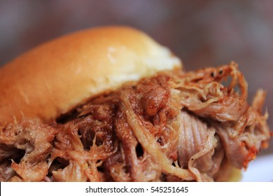 Macro Close Up Barbecue BBQ Pulled Pork Sandwhich