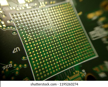 Macro Close Up Of BGA Ball Grid Array Technology Footprint On Electronic Printed Circuit Borad