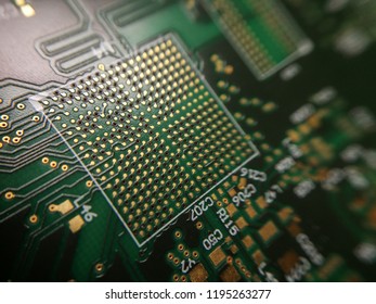 Macro Close Up Of BGA Ball Grid Array Technology Footprint On Electronic Printed Circuit Borad