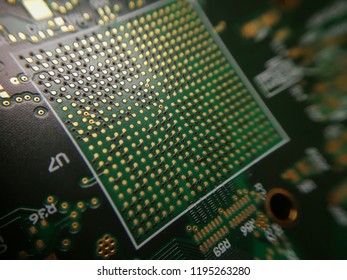 Macro Close Up Of BGA Ball Grid Array Technology Footprint On Electronic Printed Circuit Borad