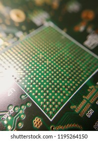 Macro Close Up Of BGA Ball Grid Array Technology Footprint On Electronic Printed Circuit Borad