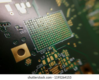 Macro Close Up Of BGA Ball Grid Array Technology Footprint On Electronic Printed Circuit Borad