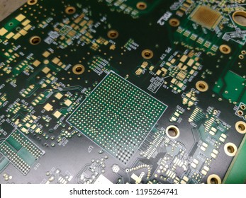 Macro Close Up Of BGA Ball Grid Array Technology Footprint On Electronic Printed Circuit Borad