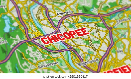 Macro close up of a Chicopee Massachusetts map showcasing detailed streets, roads, neighborhoods, and modern cartography with sharp geographic details, suitable for travel, navigation, geography, and location themes.