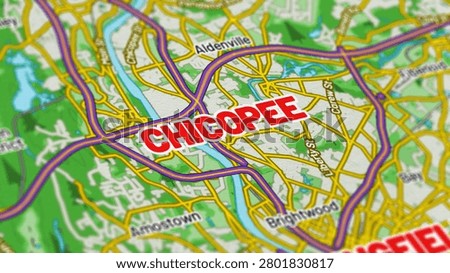 Macro close up of a Chicopee Massachusetts map showcasing detailed streets, roads, neighborhoods, and modern cartography with sharp geographic details, suitable for travel, navigation, geography, and location themes.
