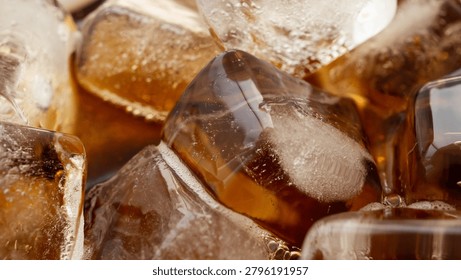 Macro Close Up of cola bubbles and ice cubes background