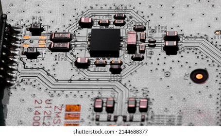 Macro Close up of components and microchips on PC circuit board	