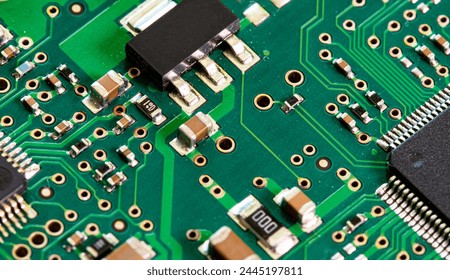 Macro Close up of components and microchips on PC circuit board of Hard Disc Drive