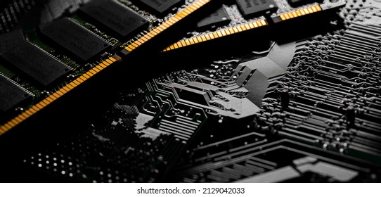 Macro Close up of computer RAM chip; random access memory chip slot for PC motherboard
