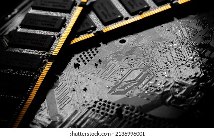 Macro Close up of computer RAM chip; random access memory chip slot for PC motherboard