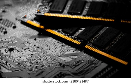 Macro Close up of computer RAM chip; random access memory chip slot for PC motherboard
