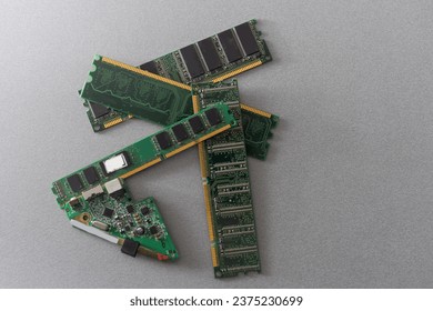 Macro Close up of computer RAM chip and motherboard on dark background