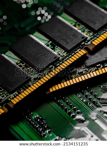 Macro Close up of computer RAM chip; random access memory chip slot for PC motherboard