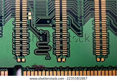 Macro Close up of computer RAM chip random access memory chip slot for PC motherboard.