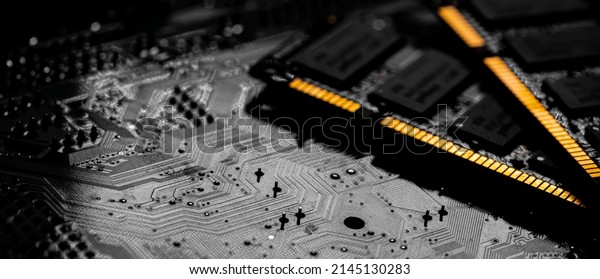 Macro Close up of computer RAM chip;
random access memory chip slot for PC
motherboard