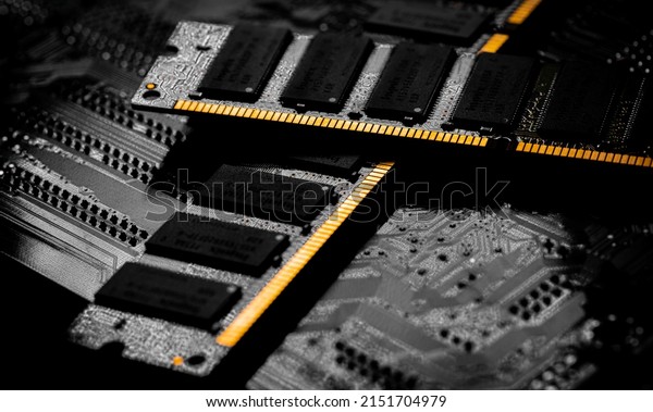 Macro Close up of computer RAM chip;\
random access memory chip slot for PC\
motherboard