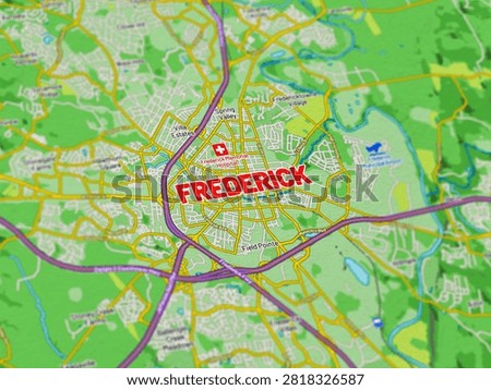 Macro close up of a Frederick Maryland map featuring detailed streets, roads, neighborhoods, and modern cartography with clear geographic details, ideal for travel, navigation, geography, and location themed projects.