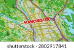 Macro close up of a Manchester New Hampshire map showcasing detailed streets, roads, neighborhoods, and modern cartography with sharp geographic details, suitable for travel, navigation, geography, and location themes.