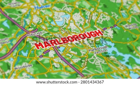 Macro close up of a Marlborough Massachusetts map showcasing detailed streets, roads, neighborhoods, and modern cartography with sharp geographic details, suitable for travel, navigation, geography, and location themes.