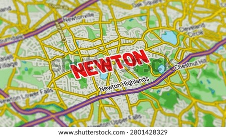 Macro close up of a Newton Massachusetts map showcasing detailed streets, roads, neighborhoods, and modern cartography with sharp geographic details, suitable for travel, navigation, geography, and location themes.