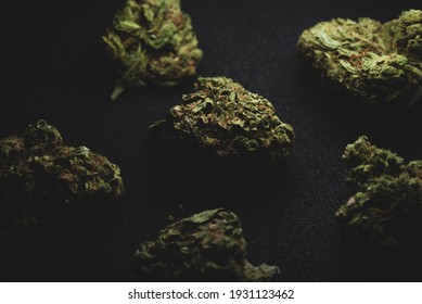 Macro close up portrait of Sweet Island Cannabis Marijuana Dry Buds,  selective focus