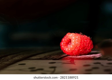 Macro close up of single fresh red raspberry highlighted in light on dark surface