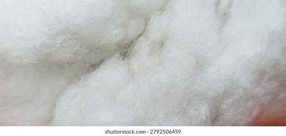Macro Close Up of Soft White Polyester Fiberfill Texture Fluffy Synthetic Padding Material Background for Textile Design. 