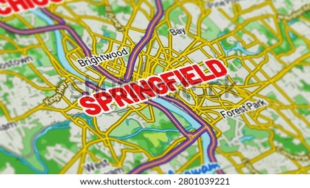 Macro close up of a Springfield Massachusetts map showcasing detailed streets, roads, neighborhoods, and modern cartography with sharp geographic details, suitable for travel, navigation, geography, and location themes.