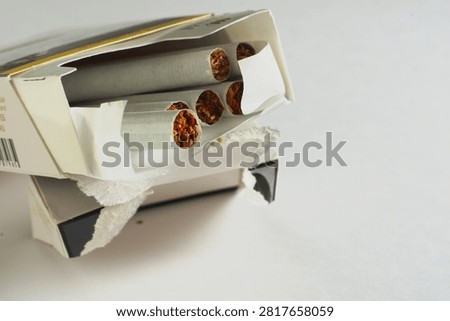 Macro close up of three unlit cigarettes with tobacco on a white background. 