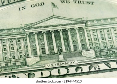 Macro Close Up Of The US Treasury Building On The Back Of The US Ten Dollar Bill.