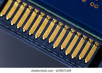 Macro close up view of computer electronic board, part and connector 