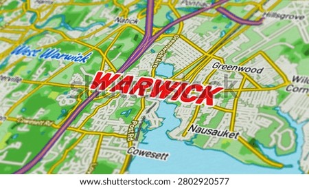Macro close up of a Warwick Rhode Island map showcasing detailed streets, roads, neighborhoods, and modern cartography with sharp geographic details, suitable for travel, navigation, geography, and location themes.
