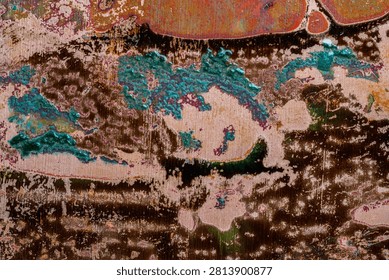 Macro close up of weathered copper surface with turquoise verdigris patina and colorful oxidation patterns. Abstract metal texture featuring natural corrosion, aged copper and organic mineral formations, ideal as a unique background