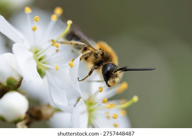 Macro close up of a wild bee pollinating cherry blossom with soft green background. Sharp focus and natural light highlight pollination, biodiversity and the ecological role of native bees.